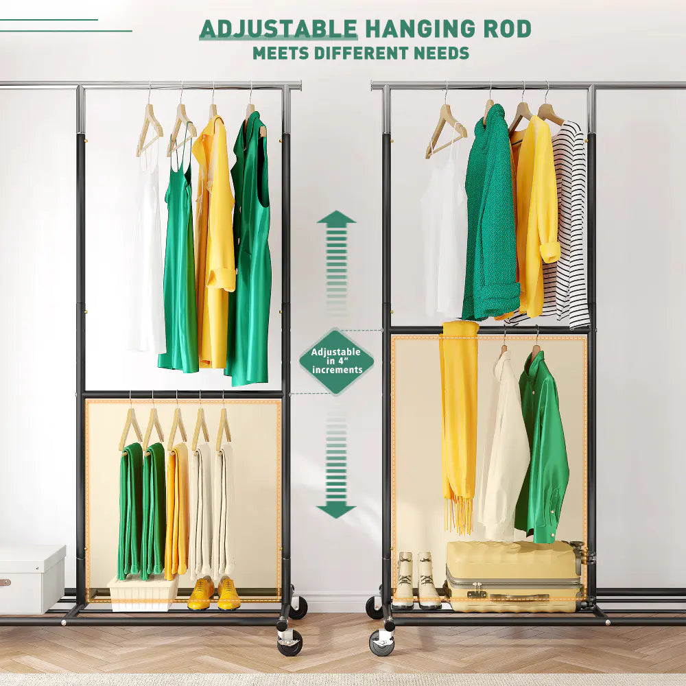 Raybee rolling metal garment rack with adjustable hanging bars to meet more needs