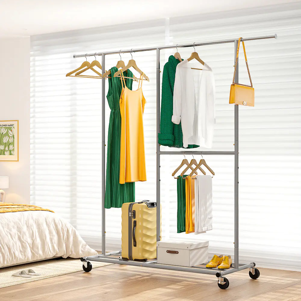 Raybee chrome adjustable clothing rack with wheels