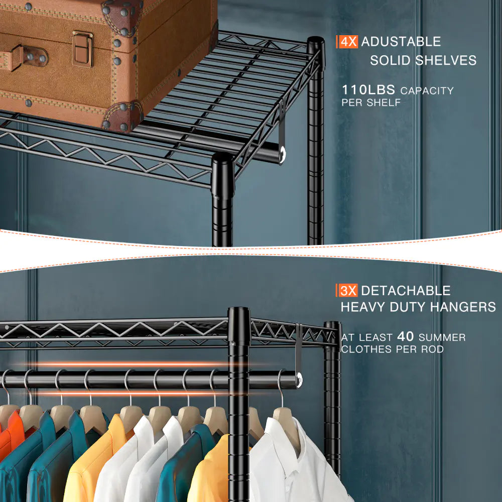 freestanding closet rack with 3 adjustable hanging rods & 4 solid shelves to meet more storage needs