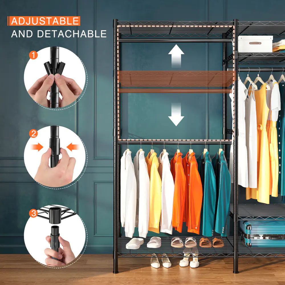 Raybee freestanding wire garment rack with adjustable shelves and hangers 