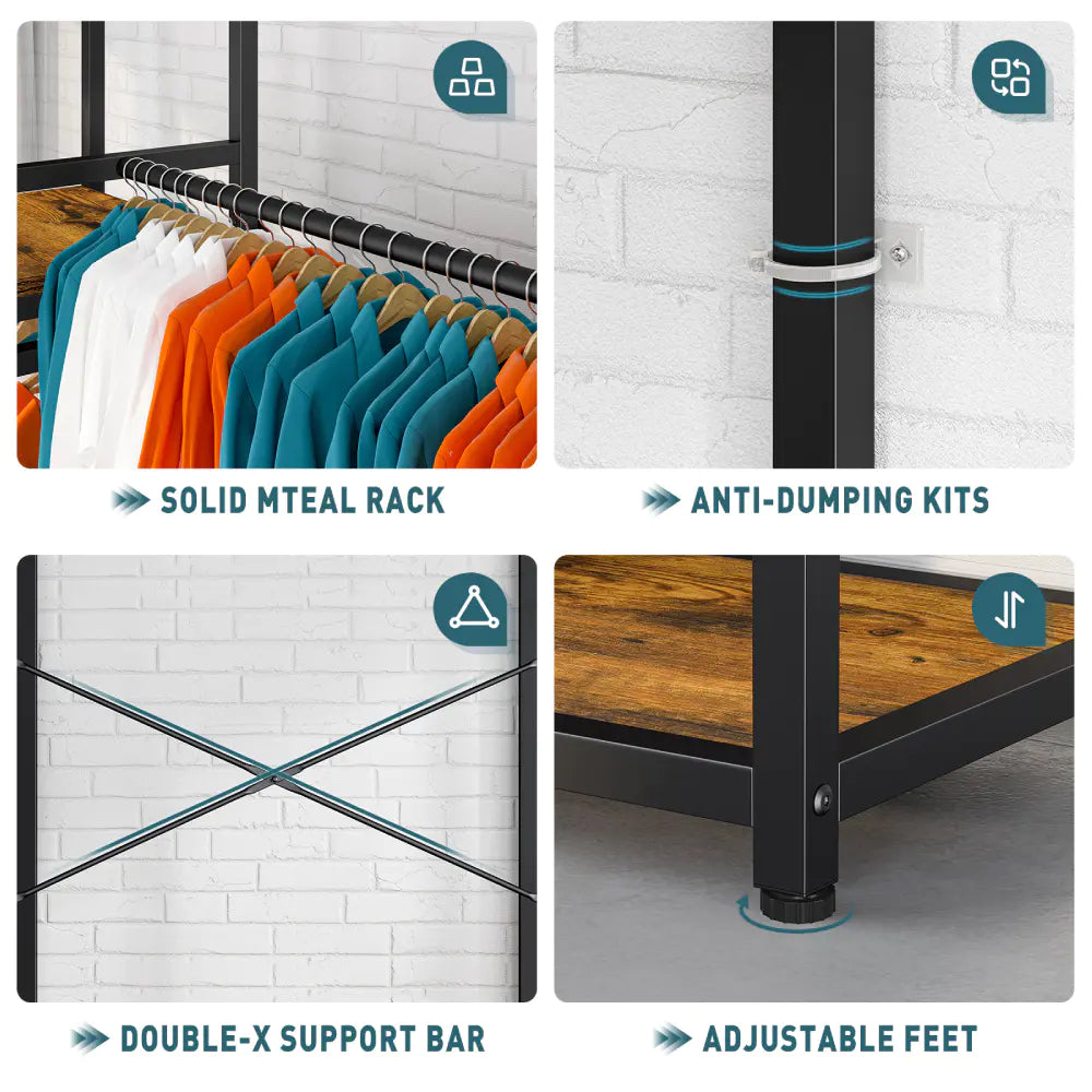This freestanding closet storage organizer with  anti-dumping kits, double-x support bar and adjustable feet for great stability