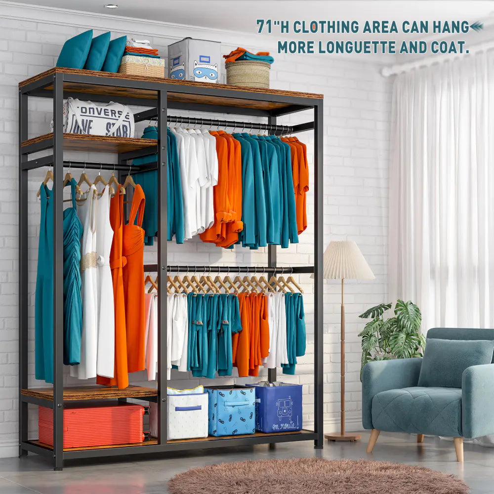 Raybee 71"h tall clothing rack with shelves can hang more longuette and coat