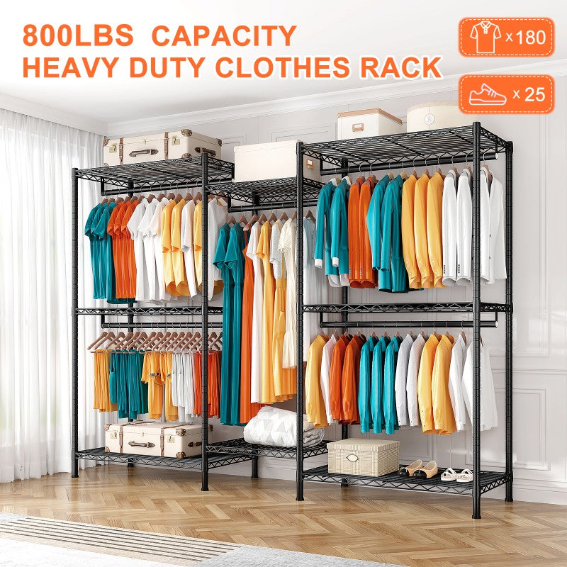 Brown/ Black Wood Industrial Clothing rack with shelves, 5-Tier Clothes  Garment Rack Closet Organizer System with Hanging Rod