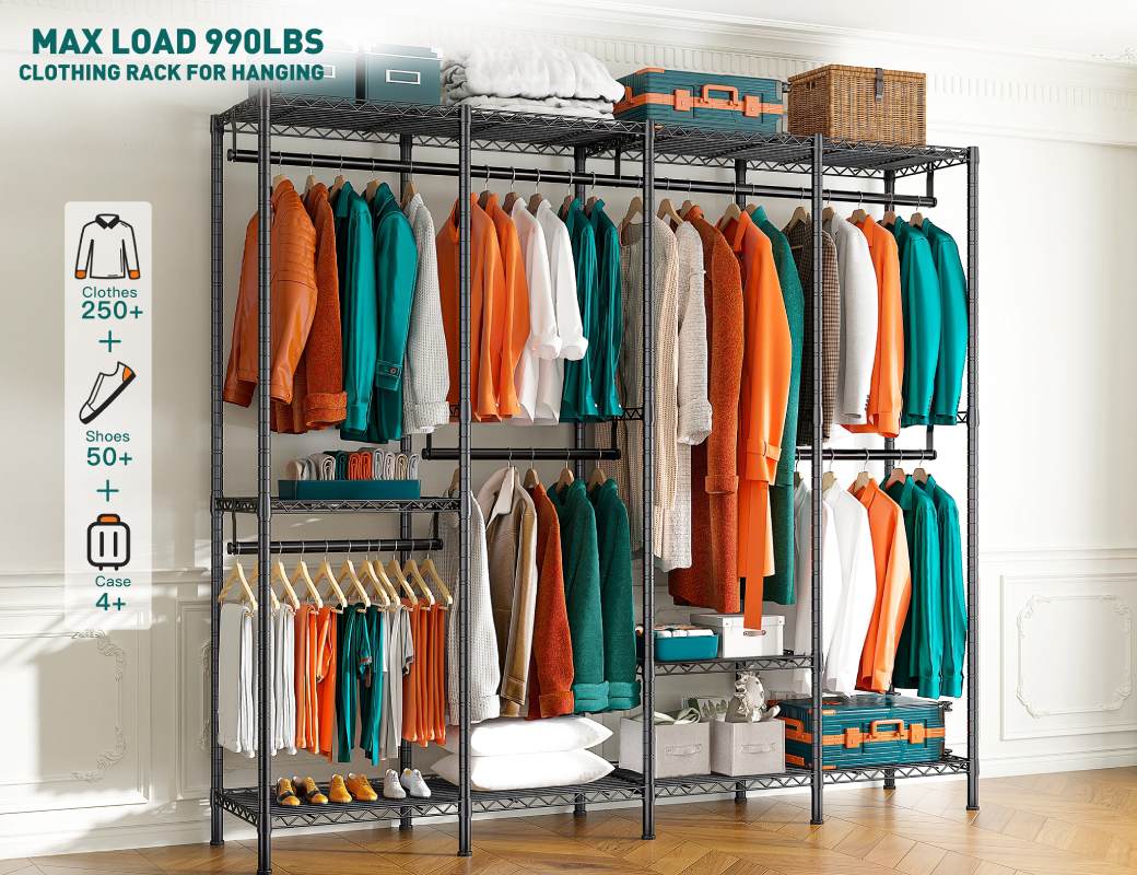 Raybee metal clothes rack with wire shelves with max load 990lbs perfect for clothes storage