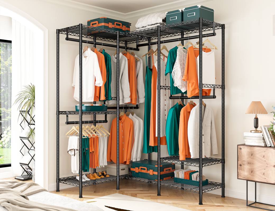 Raybee l-shaped clothes rack perfect for corner usage