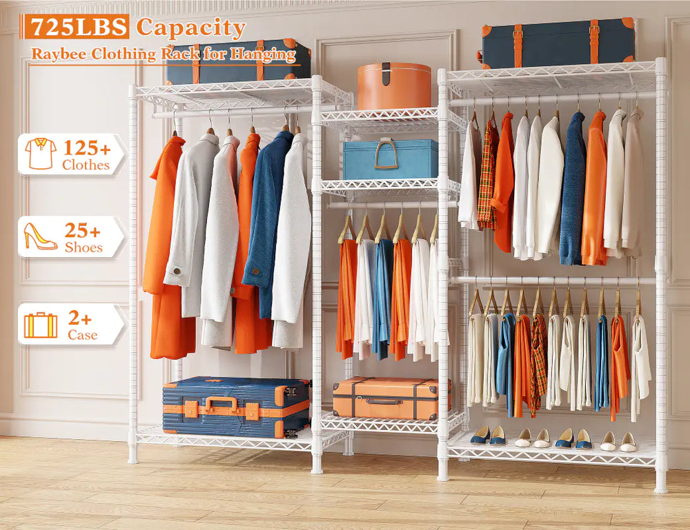 The Raybee 725 lbs heavy duty clothing rack stand shelves on this rack provide ample space for shoes, bags, and other accessories, making it a great all-in-one storage solution.