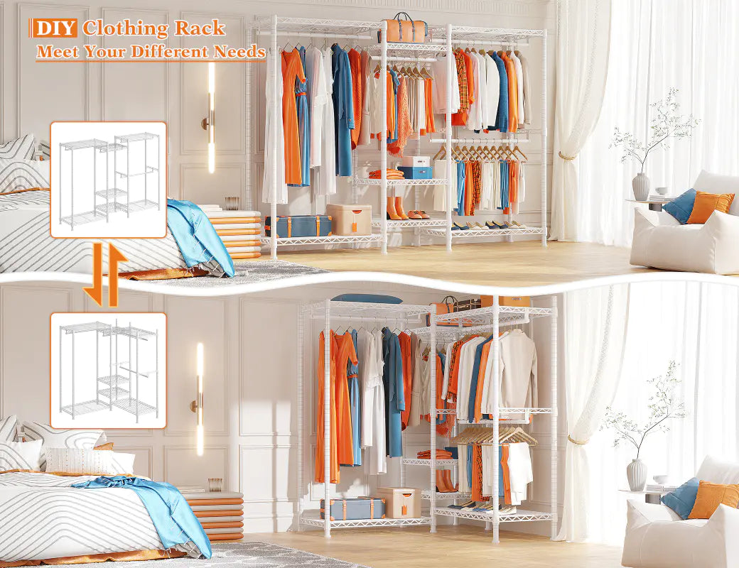 Upgrade your storage game with the Raybee wire clothing rack heavy duty, which allows you DIY your cstorage clothes organizer for its customizable assembling, hanging options and adjustable shelves.
