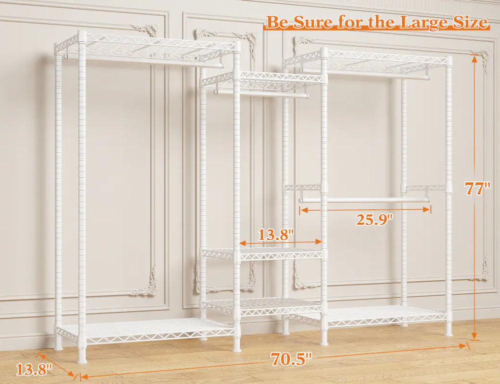 Raybee large clothing rack with shelves (size: 13.8"D x 70.5"W x 77"H) is an ideal choice for those who want to maximize their storage space without sacrificing style or functionality.