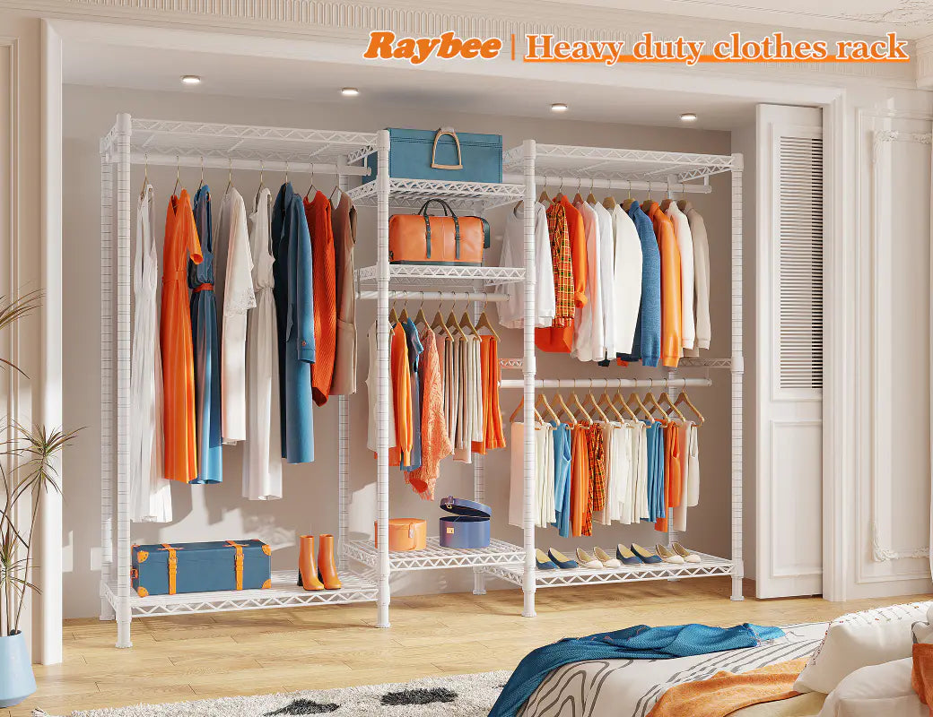 Raybee White Portable Clothing Rack With Shelves For Hanging Clothes ...