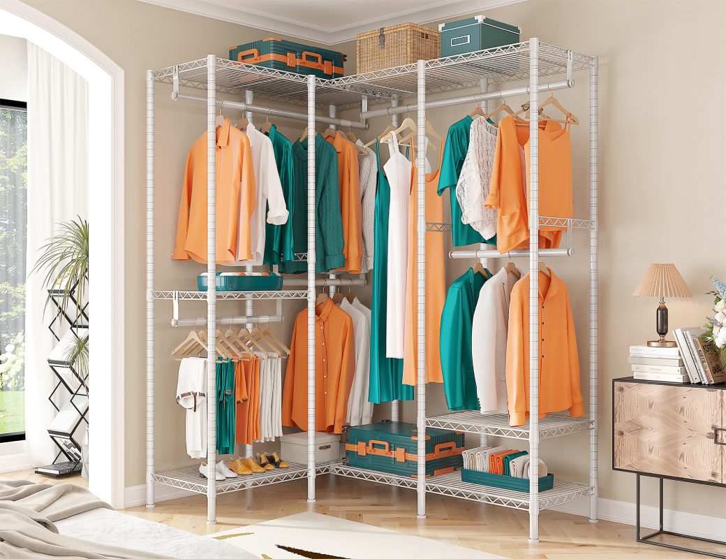 Raybee white heavy duty commercial clothes rack can be  installed into L-shaped clothing rack to fit for the corner usage