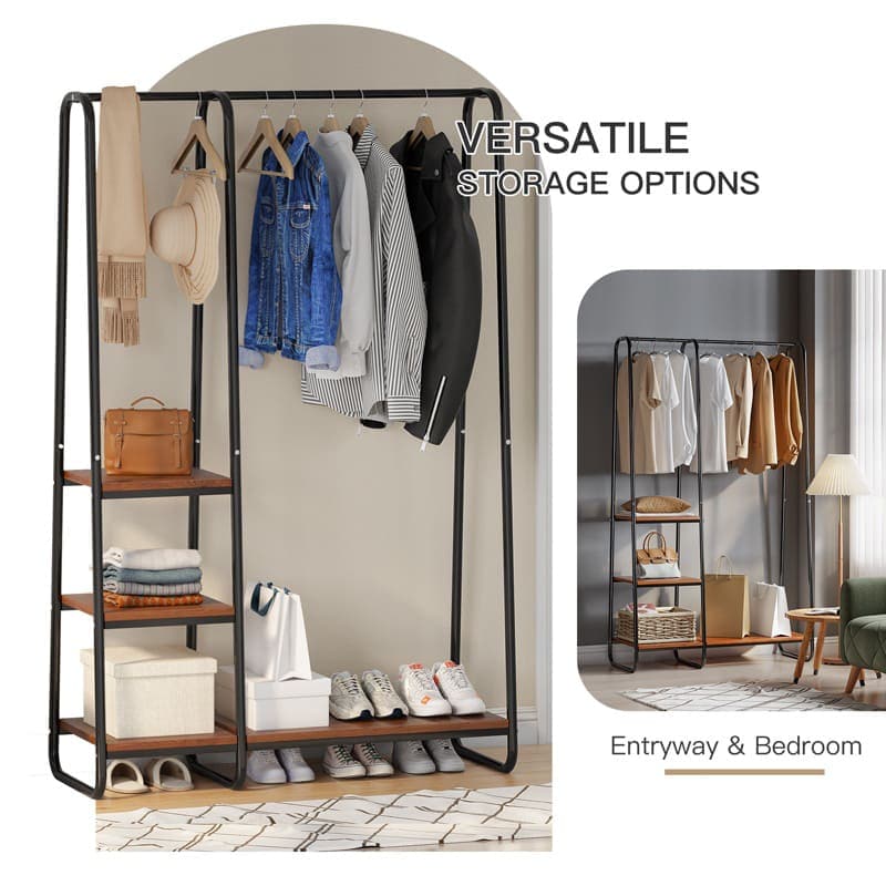 This metal garment rack provides versatile storage options for entryway & bedroom