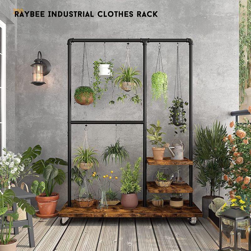 clothing rack for plants Raybee Industrial Pipe Clothes Rack On Wheels, Portable Metal Garment Rack With Wooden Shelves